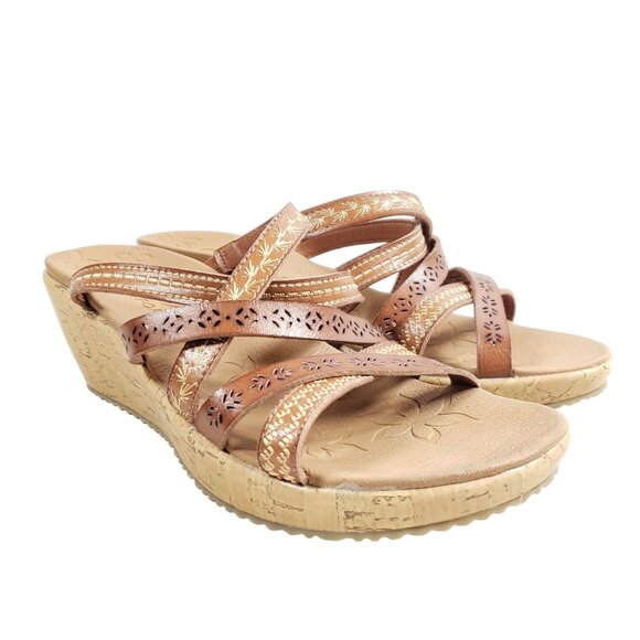 Skechers Luxe Foam Womens Size 8 Brown Wedge Sandals Strappy Floral - Picture 1 of 8